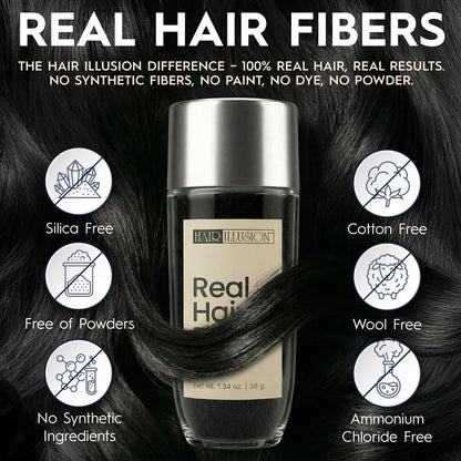 Hair Illusion Black Real Hair Fibers for Thinning Hair - 100% Natural Texture, Non Synthetic Hair Fibers - Bald Spot Cover Up for Women & Men - 38 Gram