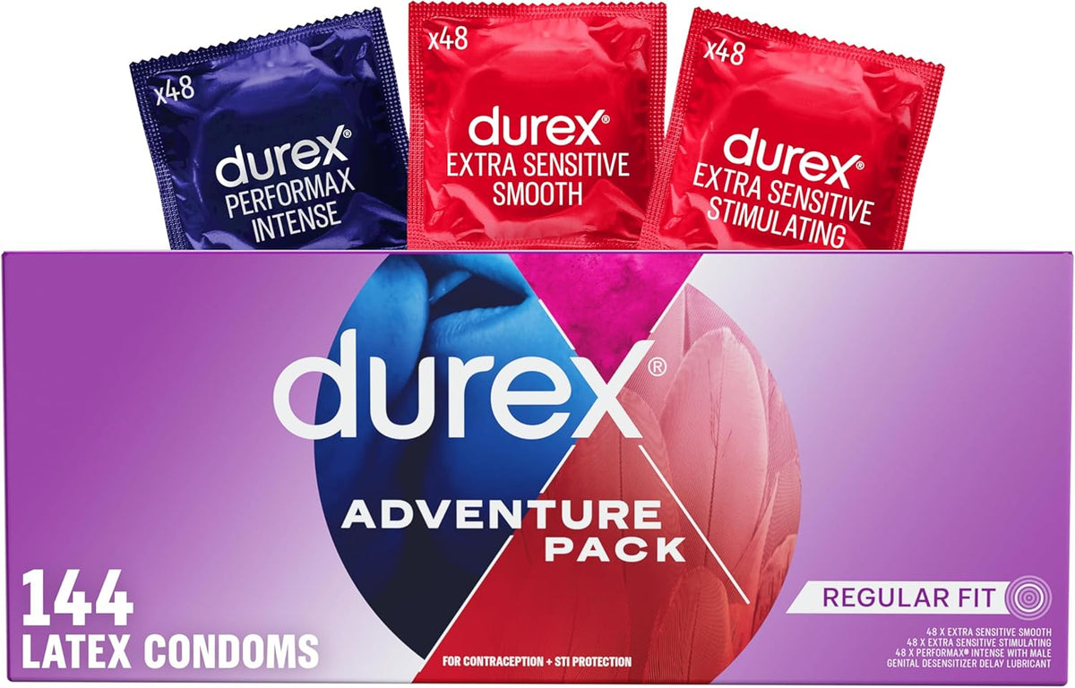 Durex Condoms Variety Adventure Pack, Mix of Durex Extra Sensitive Smooth & Stimulating & Performax Intense Ribbed & Dotted Latex Condoms, 144 Count