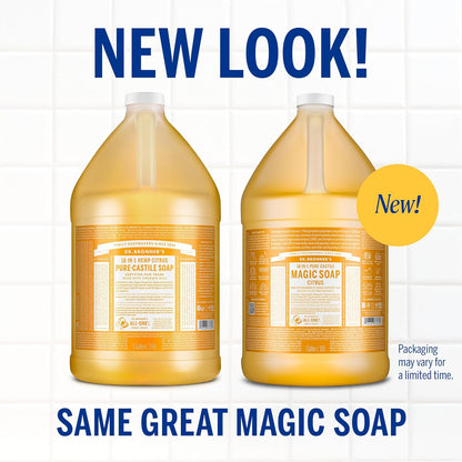 Dr. Bronner's Pure-Castile Magic Soap Liquid (Citrus, 1 Gallon) - Made with Regenerative Organic Certified Oils, 18-in-1 Uses: Face, Body, Hair, Laundry, Pets and Dishes, Concentrated, Vegan, Non-GMO