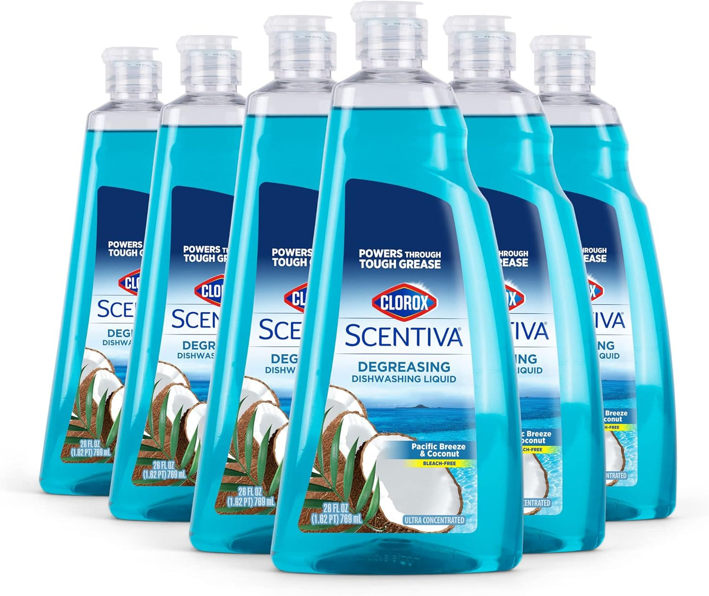 CLOROX Scentiva Dishwashing Liquid Soap | Smells Great and Cuts Through Grease Fast | Quick Rinsing Formula for a Powerful Clean You Can Trust, Pacific Breeze & Coconut, 26 Oz (Pack of 6)
