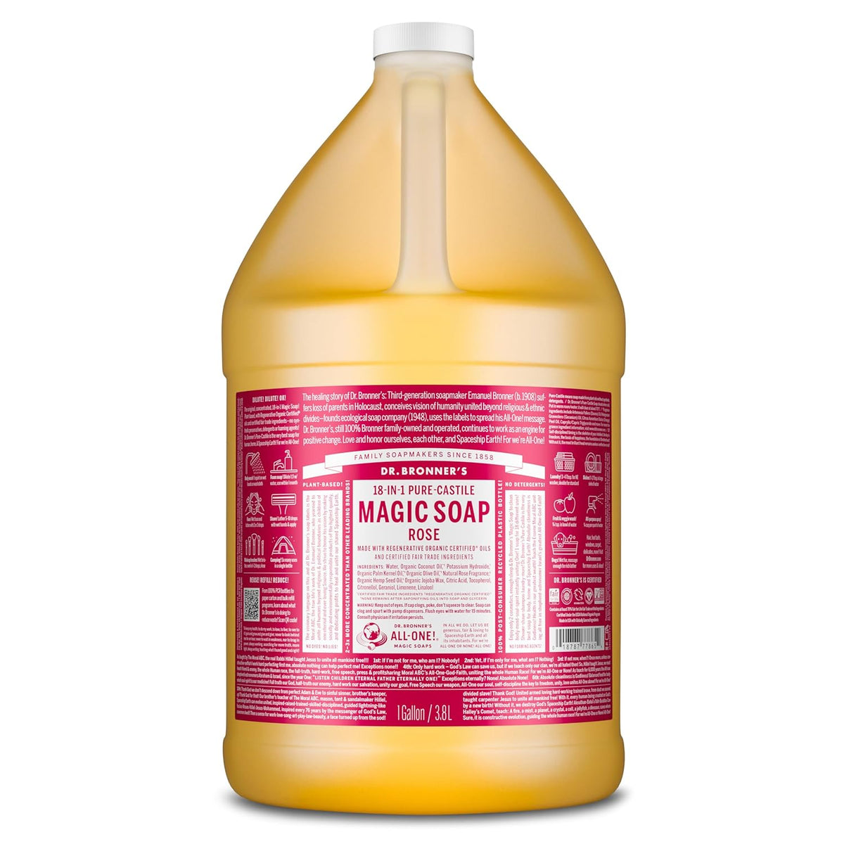 Dr. Bronner's Magic Soap Pure-Castile Liquid Soap (Rose, 1 Gallon) - Made with Organic Oils, 18-in-1 Uses: Face, Body, Hair, Laundry, Pets and Dishes, Concentrated, Vegan, Non-GMO