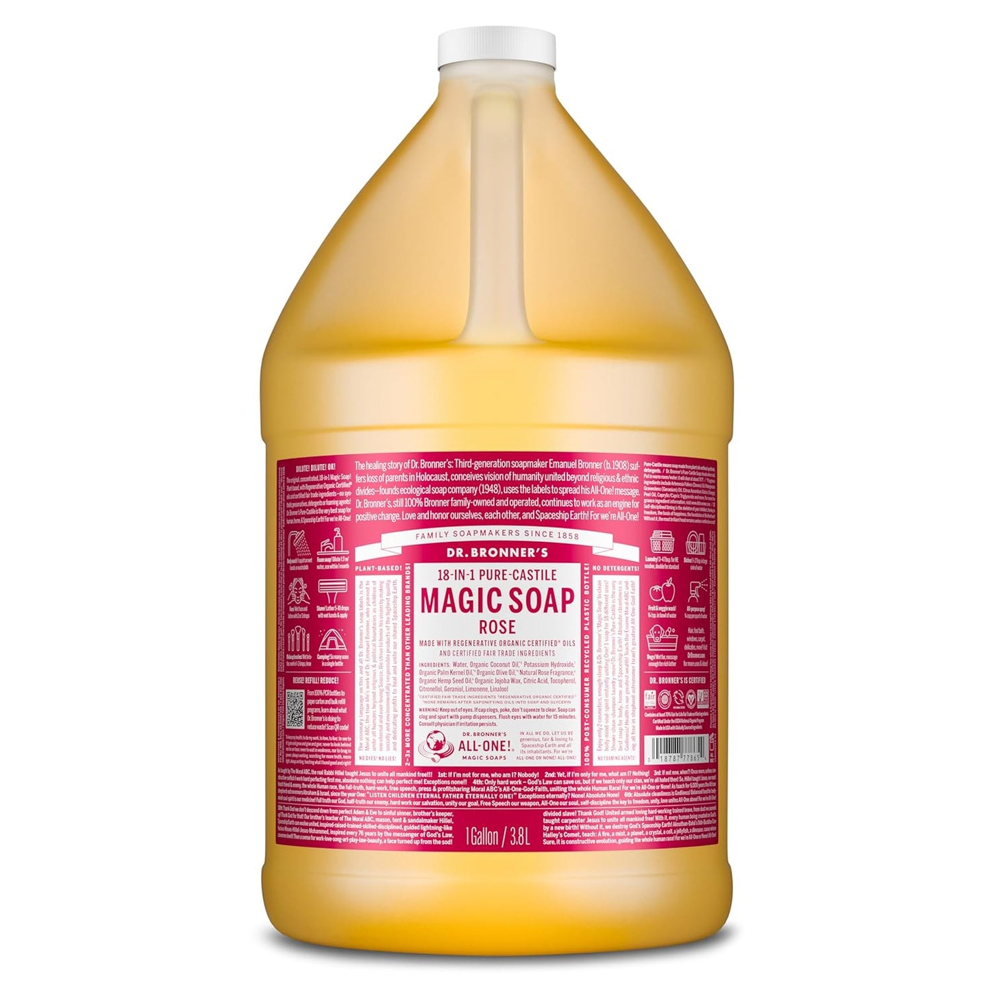 Dr. Bronner's Magic Soap Pure-Castile Liquid Soap (Rose, 1 Gallon) - Made with Organic Oils, 18-in-1 Uses: Face, Body, Hair, Laundry, Pets and Dishes, Concentrated, Vegan, Non-GMO