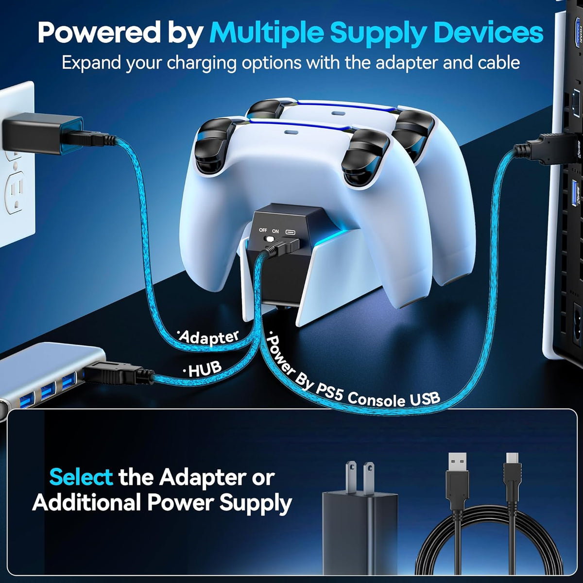 OIVO PS5 Controller Charger with Fast Charging AC Adapter, PS5 Controller Charging Station Stand for PlayStation 5, Docking Station Replacement for PS 5 Accessories Kits