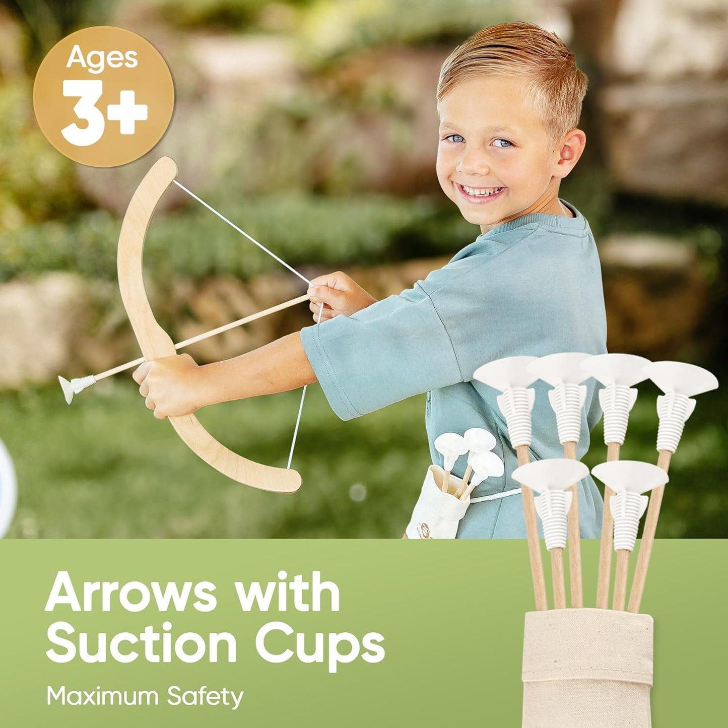 BOWRILLA® Kids Bow and Arrow Set | Wooden Archery Toy for Boys & Girls Ages 3+, Bow and Arrow for Kids | Includes 6 Suction Cup Arrows, Wooden Target & Cotton Quiver | Indoor & Outdoor Play