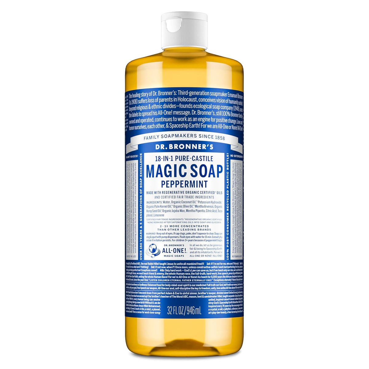 Dr. Bronner's Pure-Castile Magic Liquid Soap - Made with Regenerative Organic Certified Oils- 18-in-1 Uses for Face, Body, Hand, Hair, Laundry & More- Vegan, Non-GMO- Body Wash- Peppermint,32oz