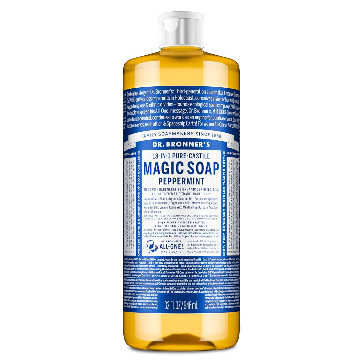 Dr. Bronner's Pure-Castile Magic Liquid Soap - Made with Regenerative Organic Certified Oils- 18-in-1 Uses for Face, Body, Hand, Hair, Laundry & More- Vegan, Non-GMO- Body Wash- Peppermint,32oz
