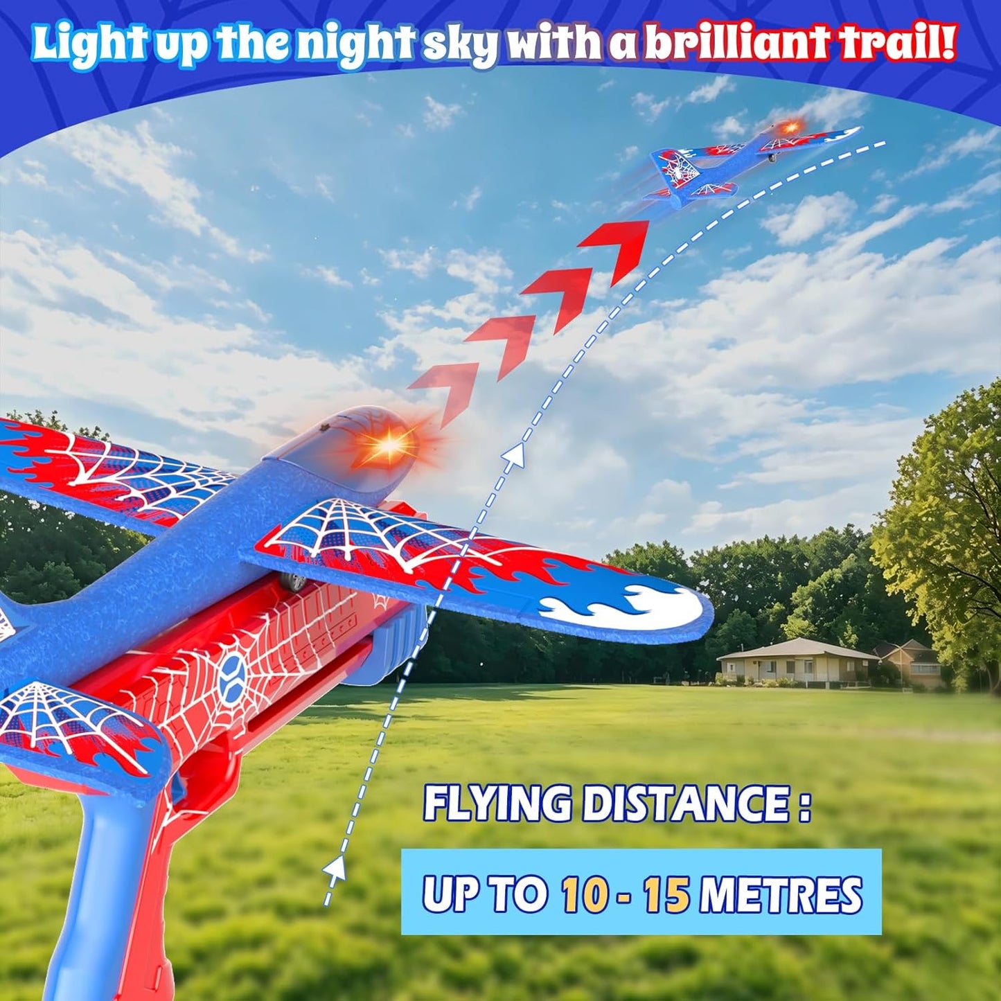 Doloowee Foam Airplane Launcher Toys for Kids 4-8, Outdoor Sport Flying Toys, 3 Pack 12.6" Foam Glider LED Plane, 1 Catapult with 3 Foam Planes, Gifts for 3 4 5 6 7 8 9 10 12 Year Old Boys Girls