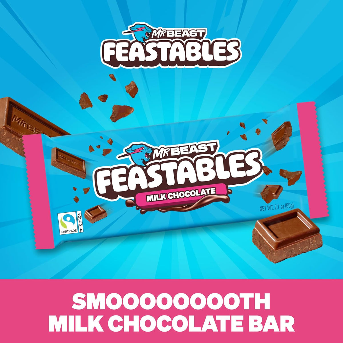 MrBeast Feastables Milk Chocolate Bar, King Size, 10 Count, Creamy Milk Chocolate Candy, Fairtrade Cocoa, 2.1oz Each