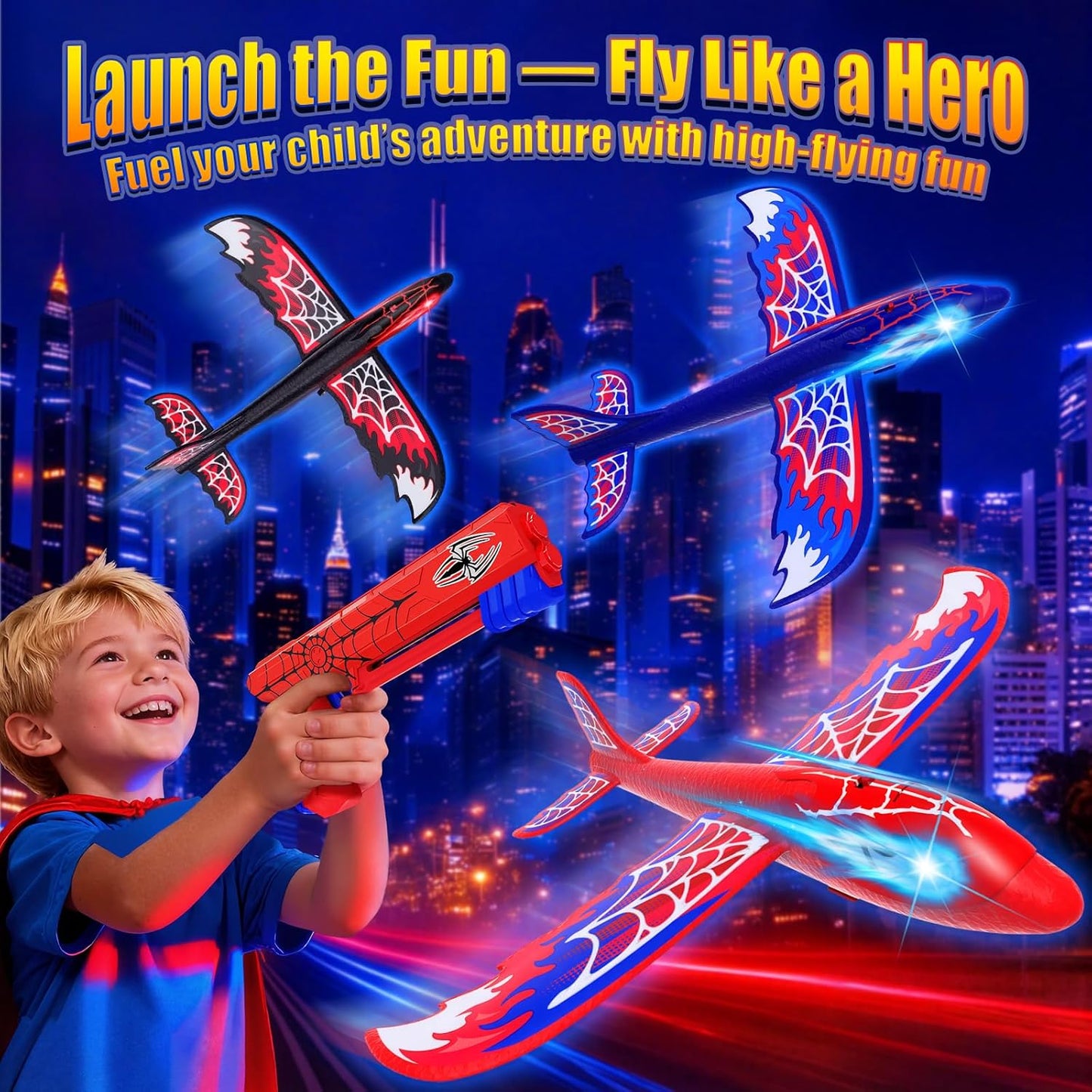 Cool Airplane Launcher Toy with Glowing Eyes & Web-Pattern Wings,2 Flight Modes Outdoor Games for Kids,Boys Toys Age 3-12,Birthday Gifts for 3 4 5 6 7 8 9 10 11 12 Year Old,Kids Gift(Red&Blue&Black)