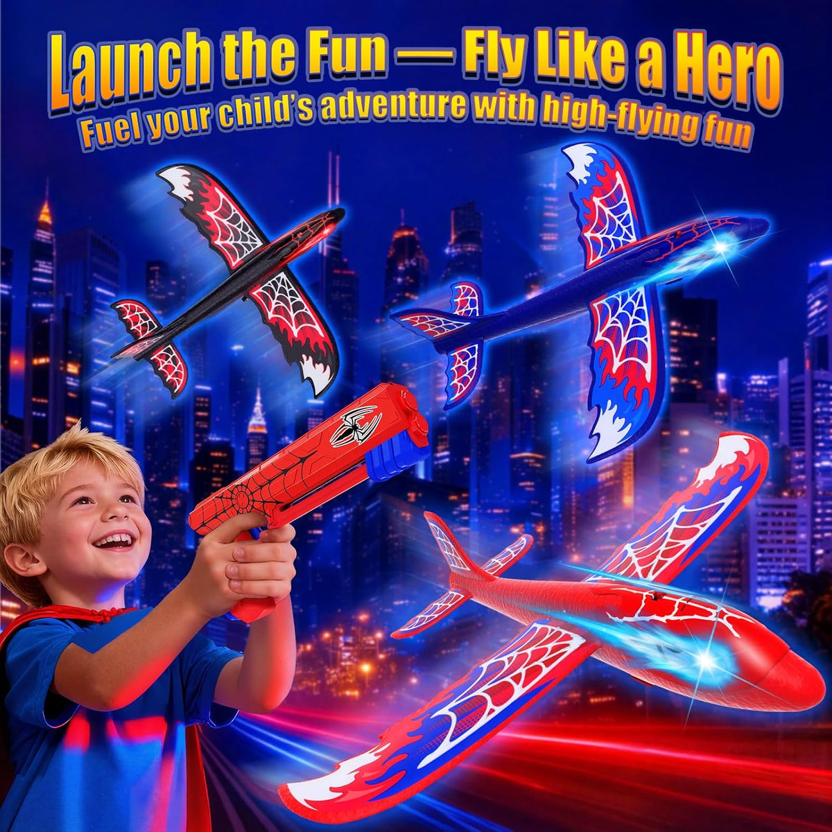 Cool Airplane Launcher Toy with Glowing Eyes & Web-Pattern Wings,2 Flight Modes Outdoor Games for Kids,Boys Toys Age 3-12,Birthday Gifts for 3 4 5 6 7 8 9 10 11 12 Year Old,Kids Gift(Red&Blue&Black)