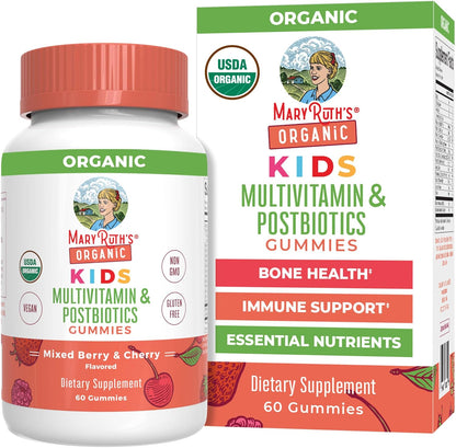 MARYRUTH'S Kids Vitamins USDA Organic | Multivitamin Gummies + Postbiotics for Ages 4+ | Multivitamin for Kids with Lactobacillus Rhamnosus | Children’s Vitamins | Vegan | Non-GMO | 60 Count