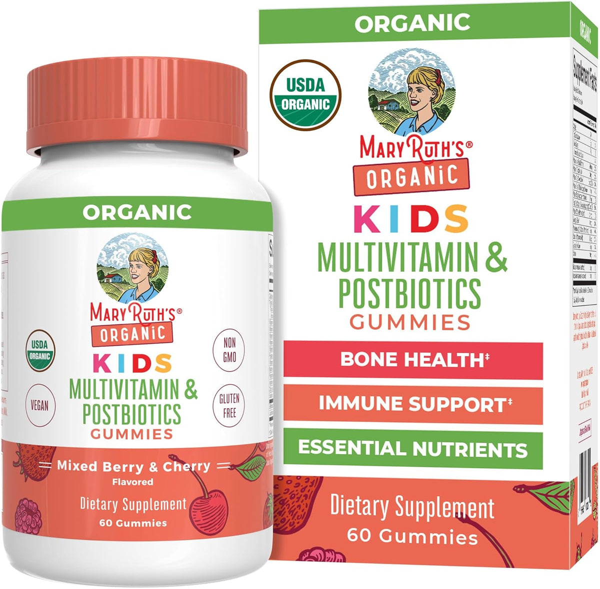 MARYRUTH'S Kids Vitamins USDA Organic | Multivitamin Gummies + Postbiotics for Ages 4+ | Multivitamin for Kids with Lactobacillus Rhamnosus | Children’s Vitamins | Vegan | Non-GMO | 60 Count
