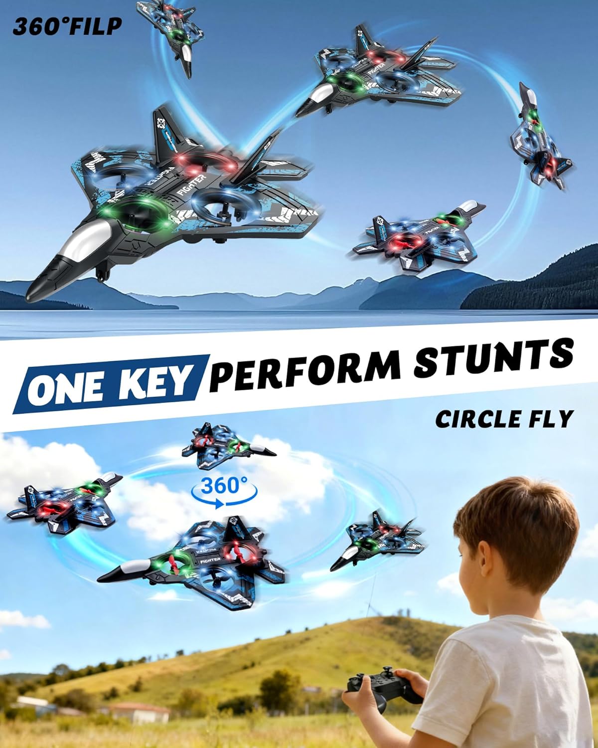 JoyRapt Drones for Kids Form RC Plane, Remote Control Airplane, Aircrafts Toys for Boys, Jet Helicopter Drones with LED Lights 360° Flip, Gifts for 6 8 10 Year Old Boys, 2 Rechargeable Batteries