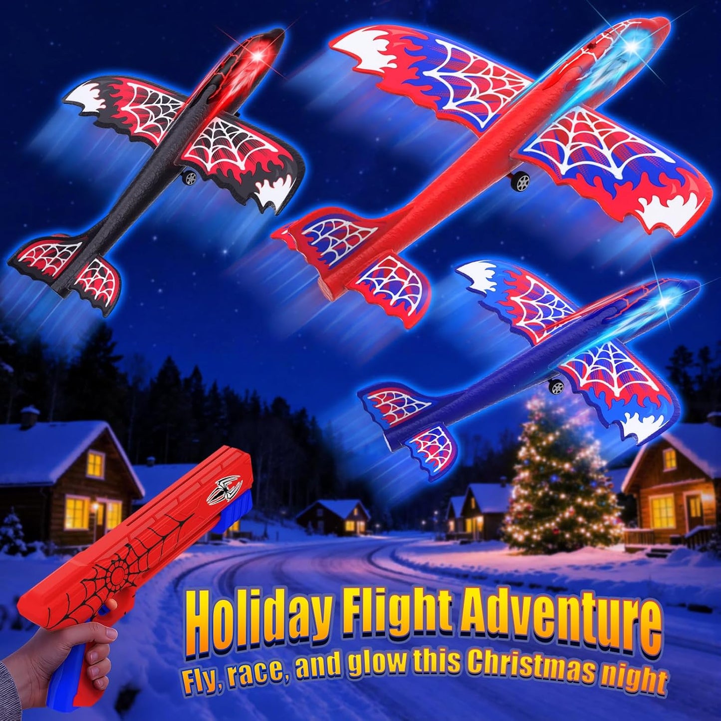 Cool Airplane Launcher Toy with Glowing Eyes & Web-Pattern Wings,2 Flight Modes Outdoor Games for Kids,Boys Toys Age 3-12,Birthday Gifts for 3 4 5 6 7 8 9 10 11 12 Year Old,Kids Gift(Red&Blue&Black)