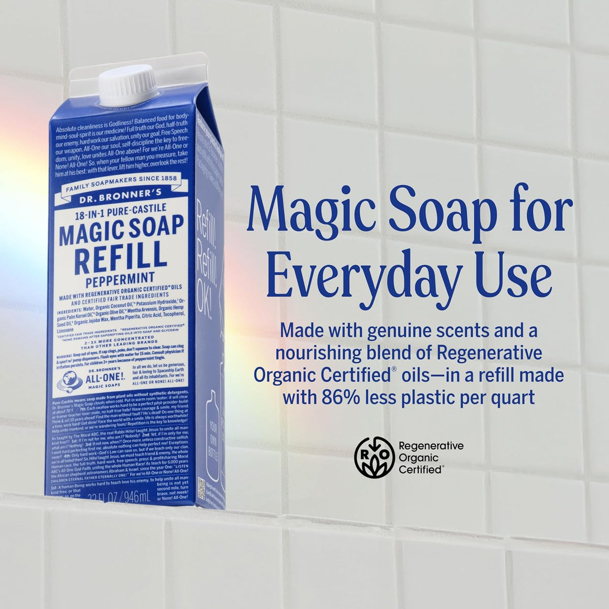 Dr. Bronner's Pure-Castile Liquid Magic Soap Refill - Made with Regenerative Organic Certified Oils, 86% Less Plastic - 18-in-1 Uses for Face, Body Wash, Hand Soap Refill & More - Peppermint, 32oz