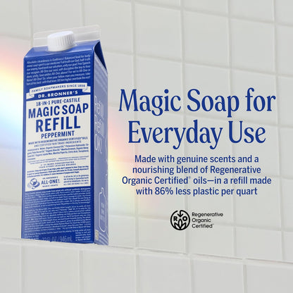 Dr. Bronner's Pure-Castile Liquid Magic Soap Refill - Made with Regenerative Organic Certified Oils, 86% Less Plastic - 18-in-1 Uses for Face, Body Wash, Hand Soap Refill & More - Peppermint, 32oz