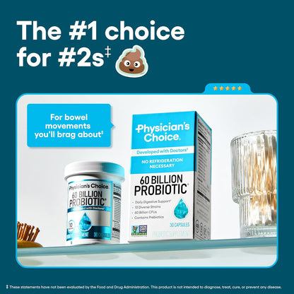 Physician's CHOICE Probiotics 60 Billion CFU - 10 Strains + Organic Prebiotics - Immune, Digestive & Gut Health - Supports Occasional Constipation, Diarrhea, Gas & Bloating - for Women & Men - 30ct