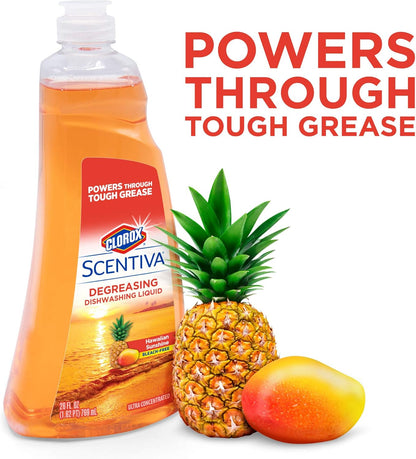 Clorox Scentiva Liquid Dish Soap, Hawaiian Sunshine Scent - Ultra-Concentrated Dishwashing Detergent That Cuts Through Grease and Tackles Tough Messes, Bleach-Free, 26 Fl Oz - 6 Pack