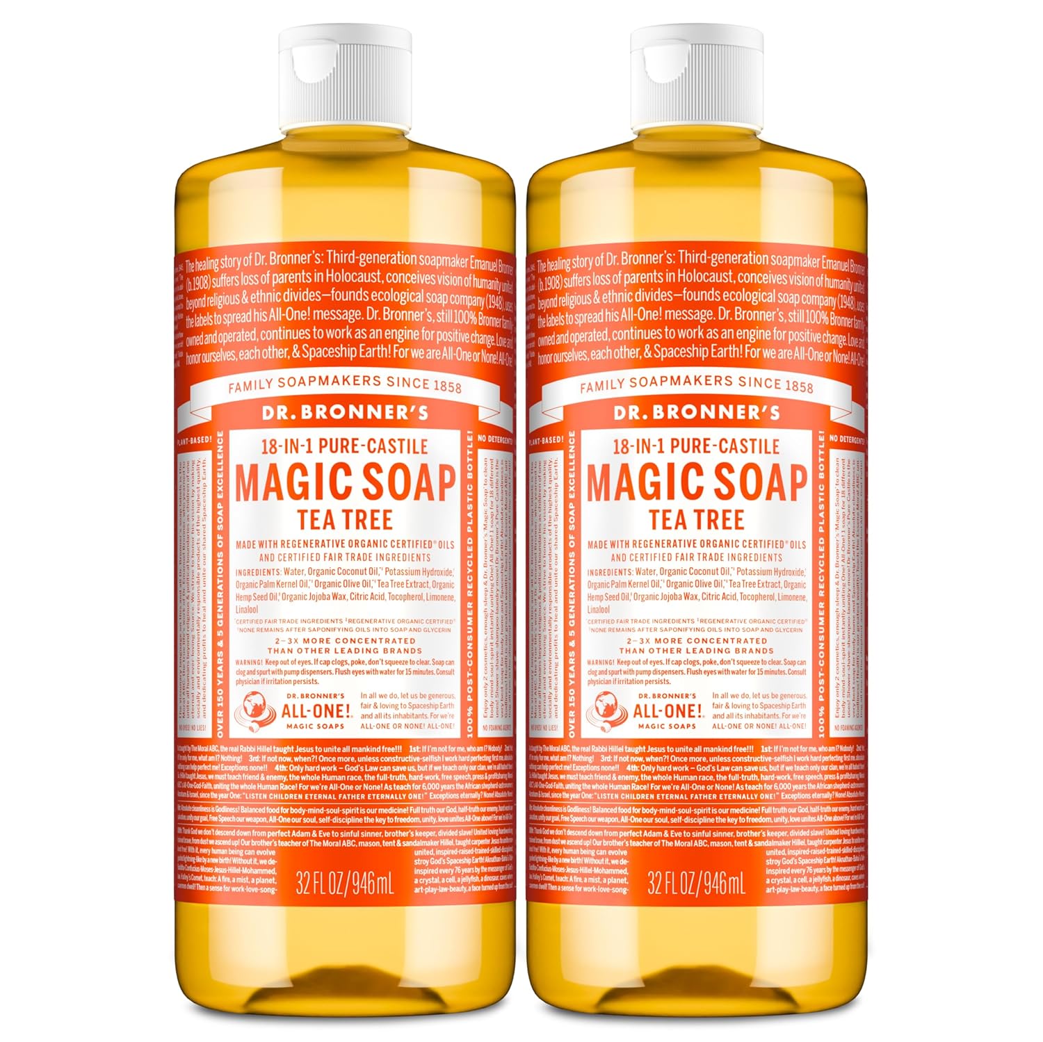 Dr. Bronner's Pure-Castile Magic Soap Liquid (Tea Tree, 32 ounce, 2-Pack) - Made with Regenerative Organic Certified Oils, 18-in-1 Uses: Body, Hair, Laundry & Dishes, Concentrated, Vegan, Non-GMO