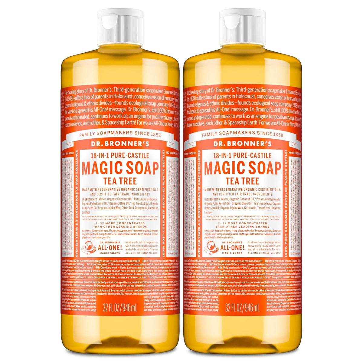 Dr. Bronner's Pure-Castile Magic Soap Liquid (Tea Tree, 32 ounce, 2-Pack) - Made with Regenerative Organic Certified Oils, 18-in-1 Uses: Body, Hair, Laundry & Dishes, Concentrated, Vegan, Non-GMO
