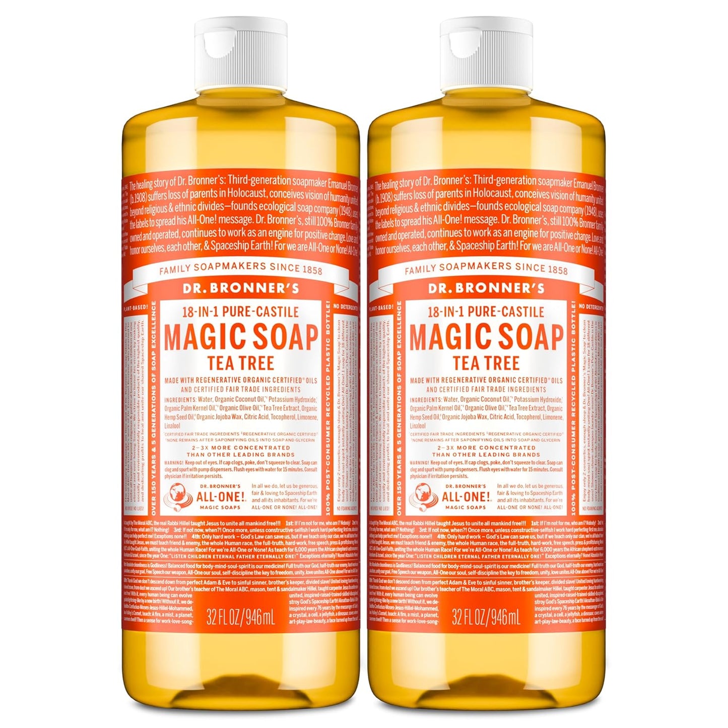 Dr. Bronner's Pure-Castile Magic Soap Liquid (Tea Tree, 32 ounce, 2-Pack) - Made with Regenerative Organic Certified Oils, 18-in-1 Uses: Body, Hair, Laundry & Dishes, Concentrated, Vegan, Non-GMO