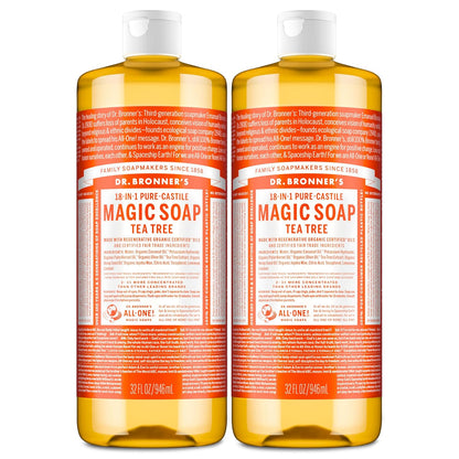 Dr. Bronner's Pure-Castile Magic Soap Liquid (Tea Tree, 32 ounce, 2-Pack) - Made with Regenerative Organic Certified Oils, 18-in-1 Uses: Body, Hair, Laundry & Dishes, Concentrated, Vegan, Non-GMO