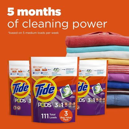 Tide PODS Laundry Detergent Soap Pods, Spring Meadow, 37 Count (Pack of 3 Bag Value Pack), Total 111 Count, HE Compatible