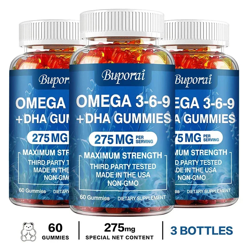Omega 3 6 9 + DHA Gummies - Brain Health, Enhances Concentration, Memory, Improves Blood Circulation, Eye Support
