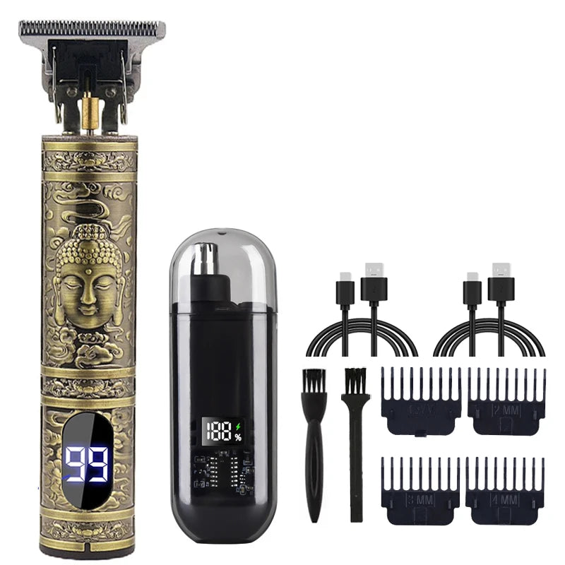 T9 Vintage Men's Electric Hair Clipper Beard Trimmer/Rechargeable Hair Cutting Machine With Nose Hair Trimmer Kit Boyfriend Gift