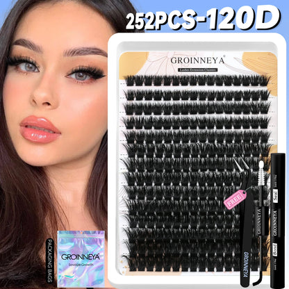 GROINNEYA Lash Clusters Kit With Waterproof Strong Hold DIY Lash Extension Kit Lash Bond And Seal And Eyelash Tweezers Makeup