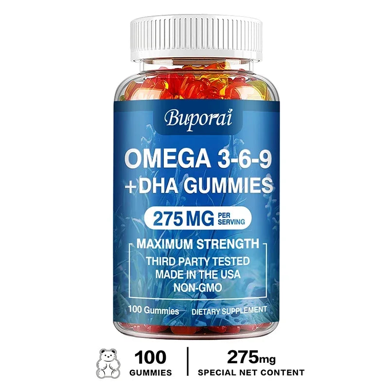 Omega 3 6 9 + DHA Gummies - Brain Health, Enhances Concentration, Memory, Improves Blood Circulation, Eye Support
