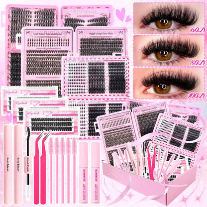 17 Pairs D Curl Cluster Eyelash Extensions, soft reusable fluffy thick upper & lower DIY individual lashes.