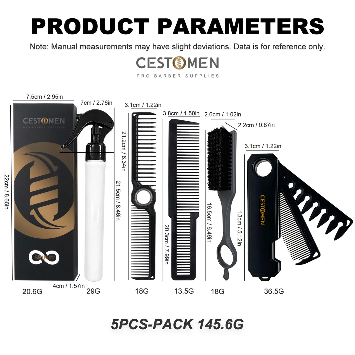 5PCS Barber Tool Set - Spinning Comb, Folding Hair Comb, Cleaning Brush, Fine Tooth Comb & Spray Bottle for Salon Home Use