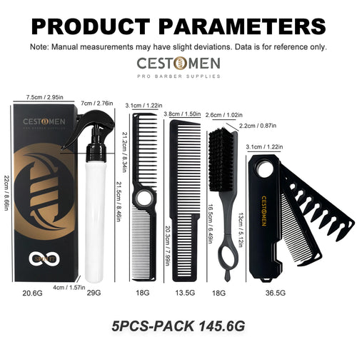 5PCS Barber Tool Set - Spinning Comb, Folding Hair Comb, Cleaning Brush, Fine Tooth Comb & Spray Bottle for Salon Home Use