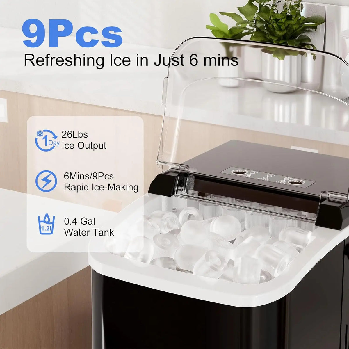 Portable Ice Maker Machine, 9 Cubes in 6 Mins, 26lbs Daily, Auto-Clean with Basket & Scoop for Home Kitchen RV Camping Black