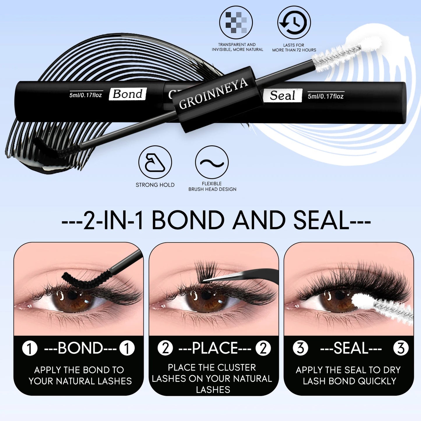 GROINNEYA Lash Clusters Kit With Waterproof Strong Hold DIY Lash Extension Kit Lash Bond And Seal And Eyelash Tweezers Makeup