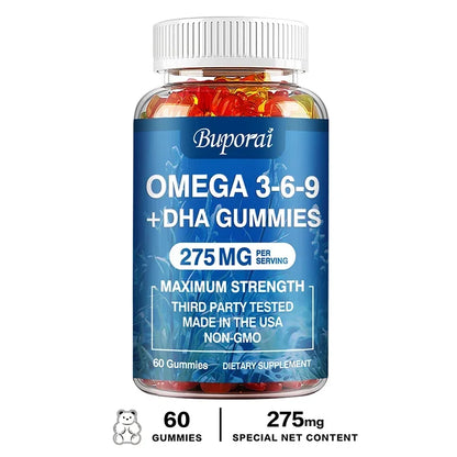 Omega 3 6 9 + DHA Gummies - Brain Health, Enhances Concentration, Memory, Improves Blood Circulation, Eye Support