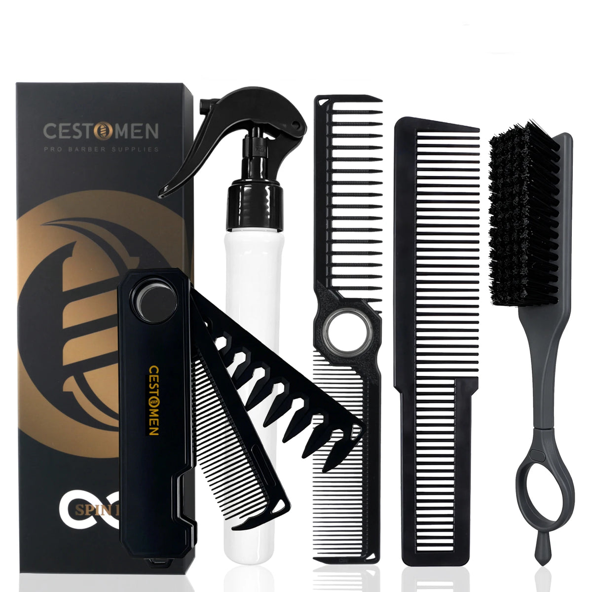 5PCS Barber Tool Set - Spinning Comb, Folding Hair Comb, Cleaning Brush, Fine Tooth Comb & Spray Bottle for Salon Home Use