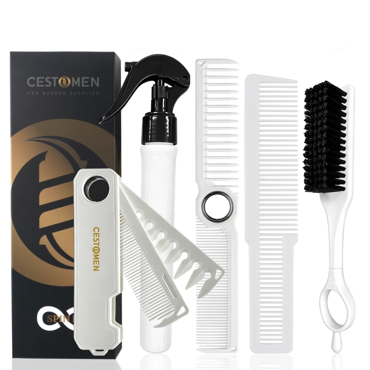 5PCS Barber Tool Set - Spinning Comb, Folding Hair Comb, Cleaning Brush, Fine Tooth Comb & Spray Bottle for Salon Home Use