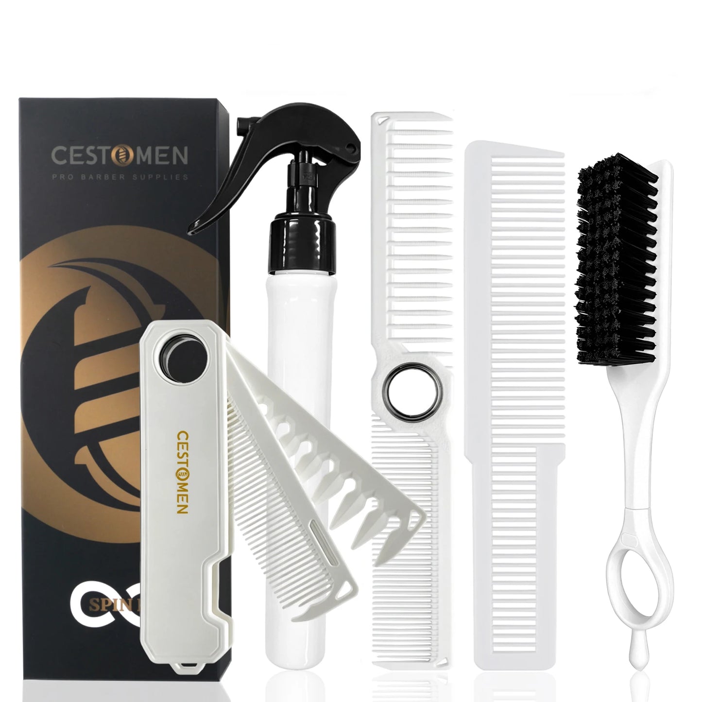 5PCS Barber Tool Set - Spinning Comb, Folding Hair Comb, Cleaning Brush, Fine Tooth Comb & Spray Bottle for Salon Home Use
